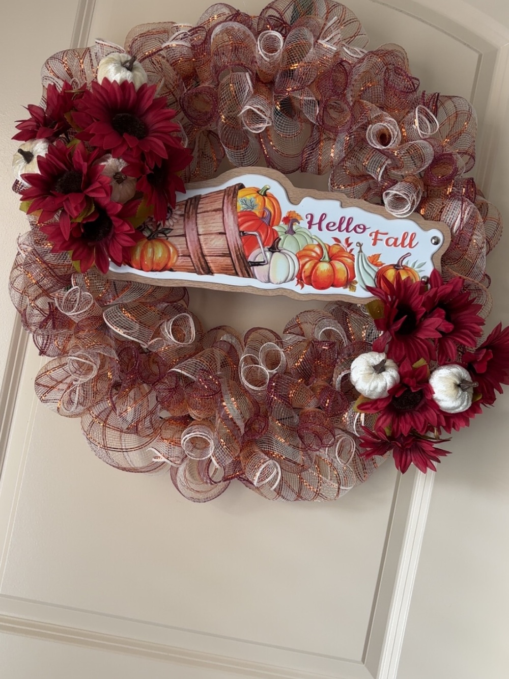 Hello Fall Burgundy Mesh Wreath with Pumpkins